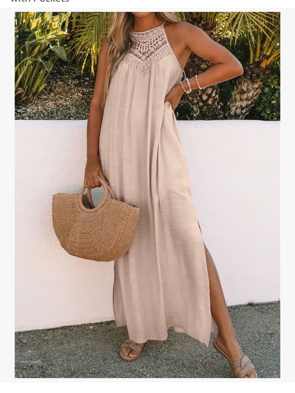 Beige Crochet Halter Maxi Dress